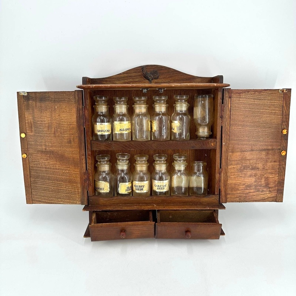 Vintage Wood Apothecary Spice Cabinet Glass Jars Primitive Farmhouse